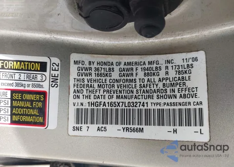 2007 Honda Civic Lx из США, поврежденный, VIN 1HGFA165X7L032741